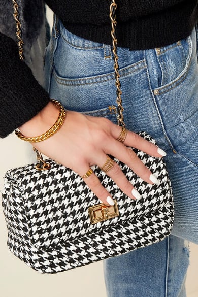 Karierte Tasche mit Metallriemen und Verschluss Schwarz &amp; Weiß Polyester h5 Bild3